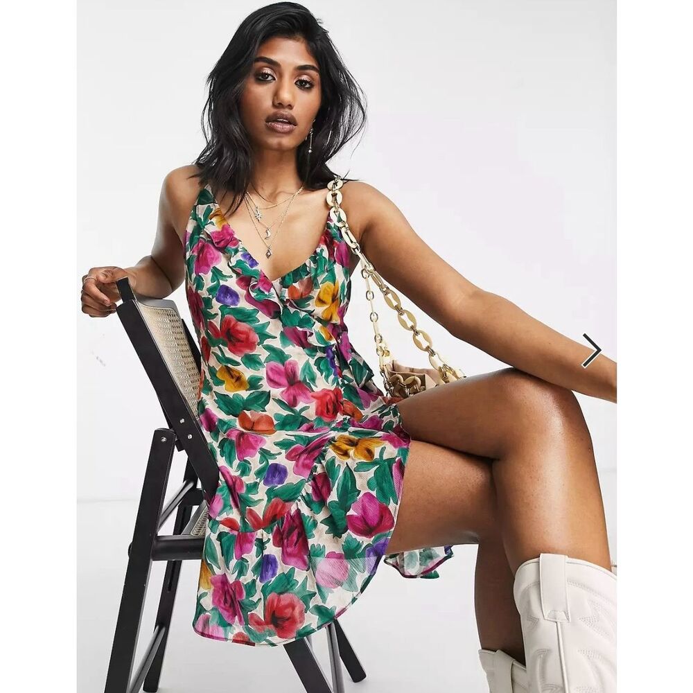 Floral Ruffle Wrap Mini Dress - Pink Multi